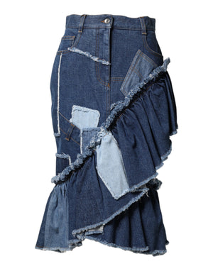 Dolce & Gabbana Blue Patchwork Layered Denim Midi Skirt