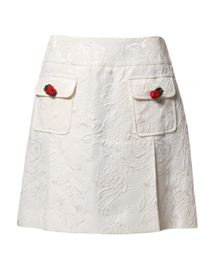 Dolce & Gabbana White Floral Brocade High Waist Mini Skirt