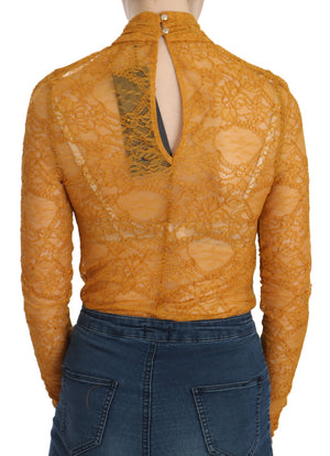 Mangano Mustard Turtle Neck Long Sleeve Lace Top Blouse