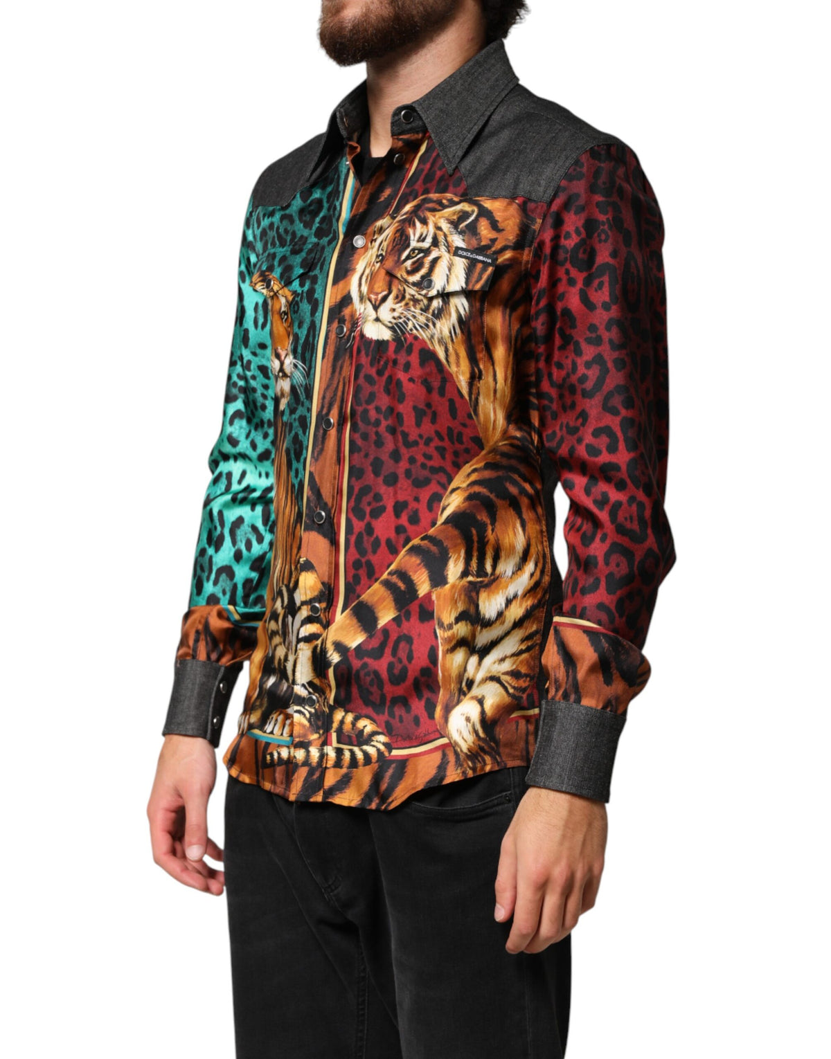 Dolce & Gabbana Multicolor Tiger Leopard Print Silk Men Shirt