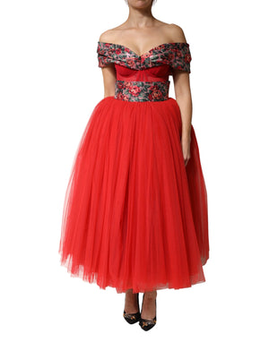 Dolce & Gabbana Red Floral Off Shoulder A-line Gown Dress
