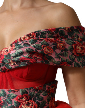 Dolce & Gabbana Red Floral Off Shoulder A-line Gown Dress