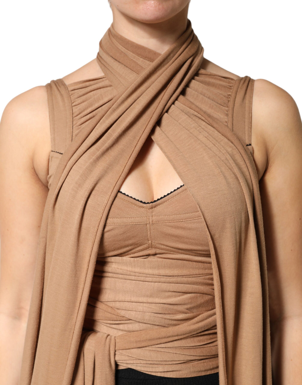 Dolce & Gabbana Brown Virgin Wool Sleeveless Scarf Tank Top