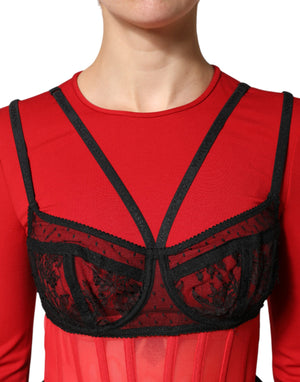 Dolce & Gabbana Red Black Nylon Bralette-Style Cropped Top