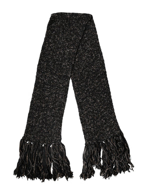 Dolce & Gabbana Black Wool Fringes Neck Wrap Foulard Scarf