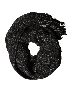 Dolce & Gabbana Black Wool Fringes Neck Wrap Foulard Scarf