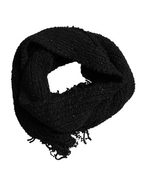 Dolce & Gabbana Black Wool Fringes Neck Wrap Foulard Scarf