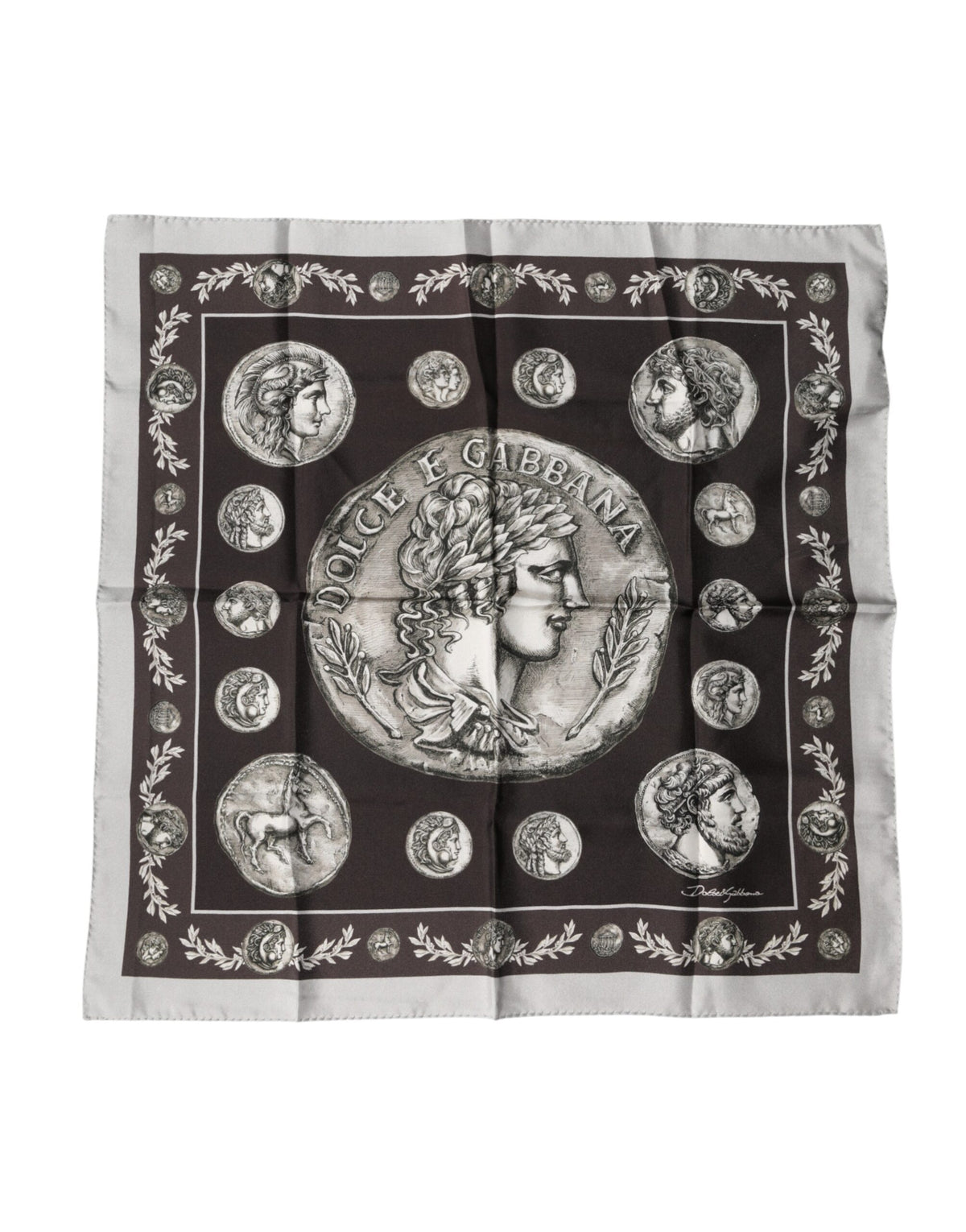 Dolce & Gabbana Brown Roman Coin Print Silk Square Foulard Scarf