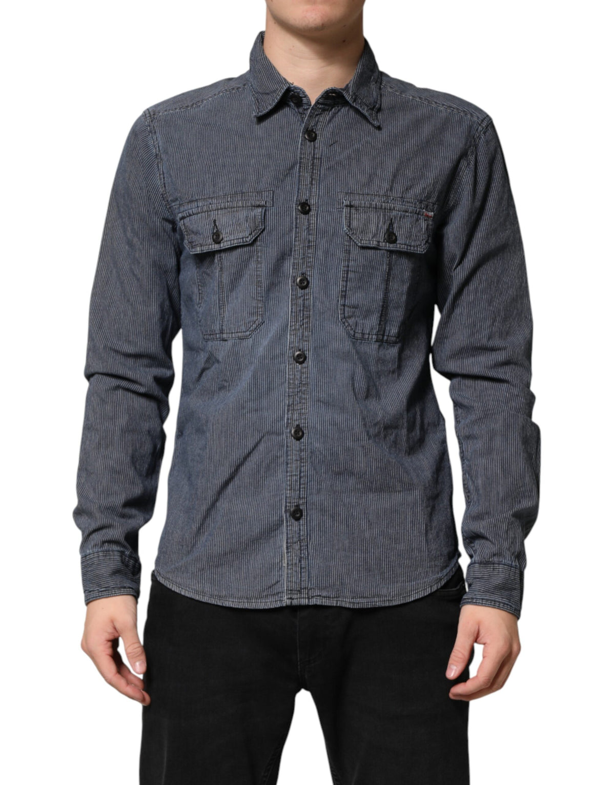 Jack & Jones Blue White Button Down Long Sleeves Men Denim Shirt