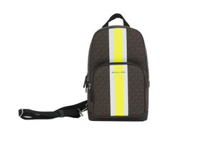 Cooper Medium Signature PVC Varsity Stripe Commuter Slingpack Crossbody Bag (Brown Signature/Neon)