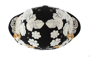 Black Wool White Floral Gold Leaf Hat