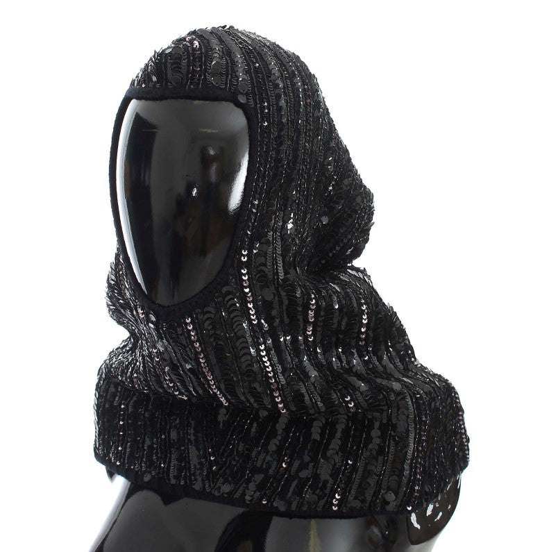 Black Knitted Sequin Hood Scarf Hat