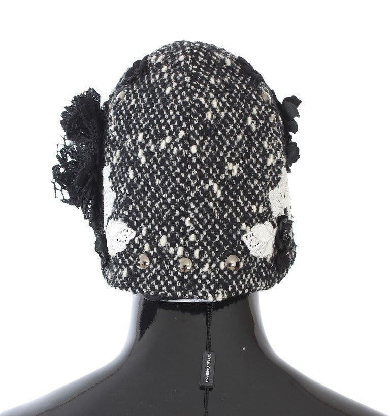 Gray Wool Floral Lace Studded Cloche Hat