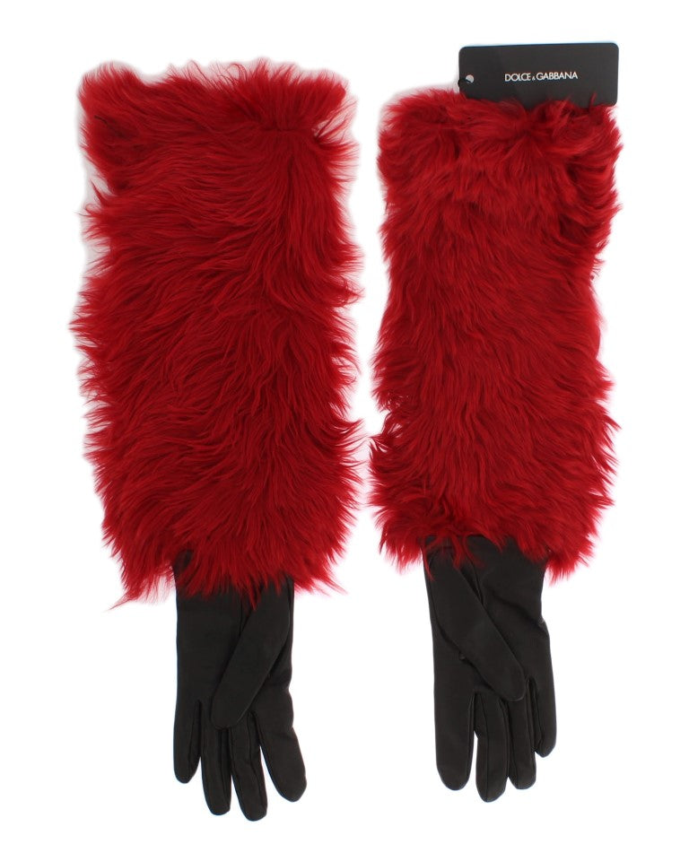 Brown Leather Red Fur Elbow Gloves