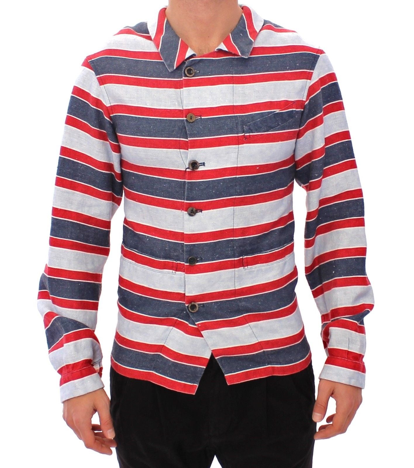 Blue Red Striped Runway Casual Linen Shirt