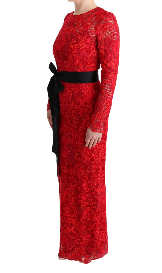 Red Floral Ricamo Sheath Long Dress