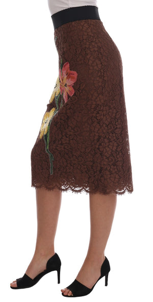 Brown Floral Lace Pencil Skirt