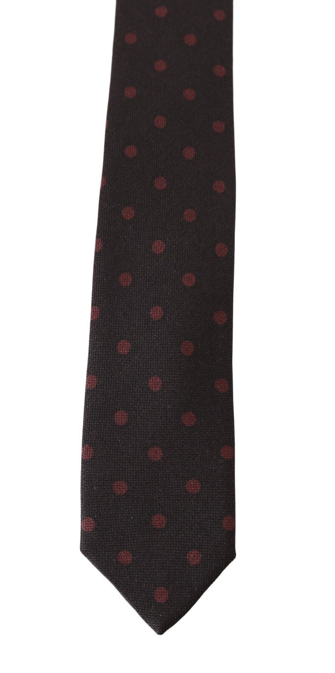 Brown Silk Red Polka Dot Print Slim Tie