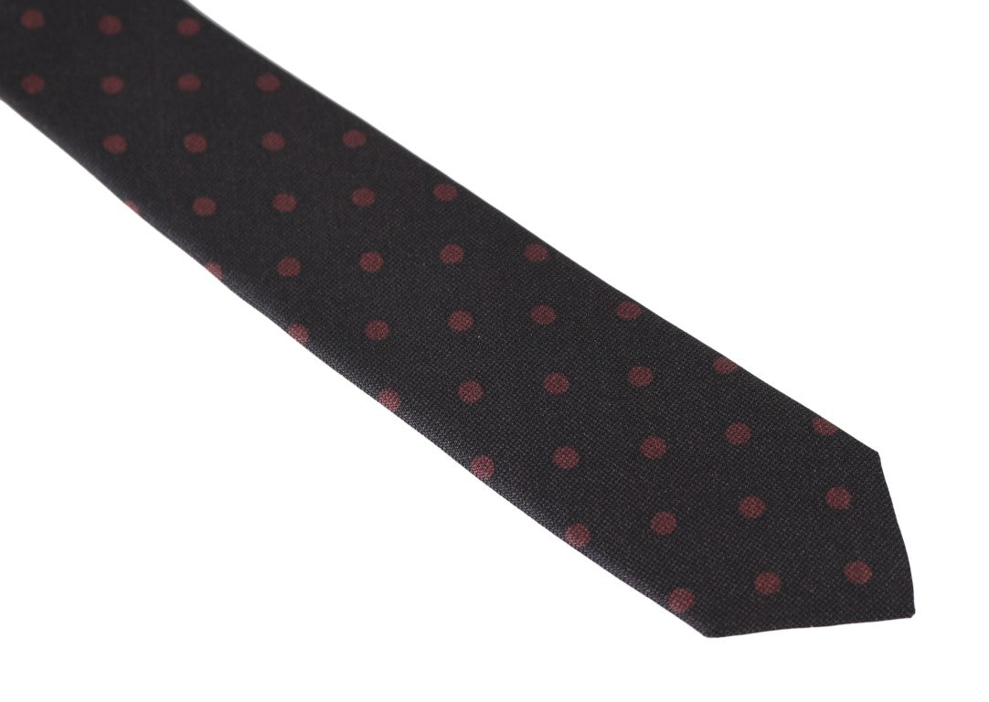 Brown Silk Red Polka Dot Print Slim Tie