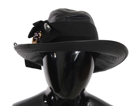 Black Leather Wide Brim DG Coin Crystal Hat