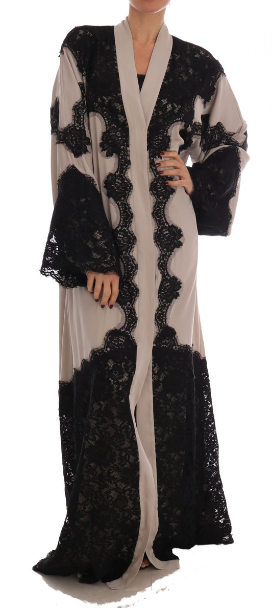 Beige Black Ricamo Kaftan Abaya Dress