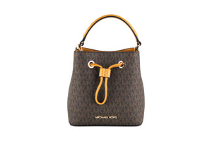Suri Small Leather Bucket Crossbody Drawstring Hobo Handbag (Marigold/Brown Signature)