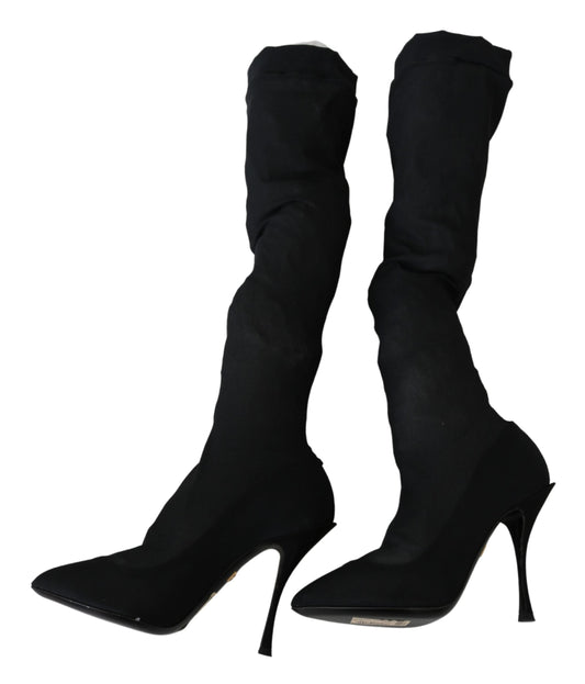 Black Tulle Stretch Knee Sock Boots