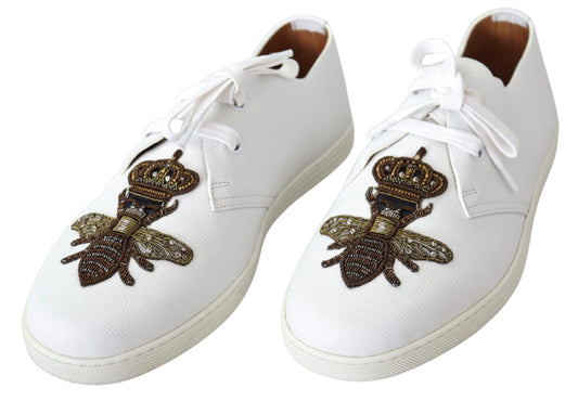 White Leather Bee Crown Loafers Sneakers  Shoes