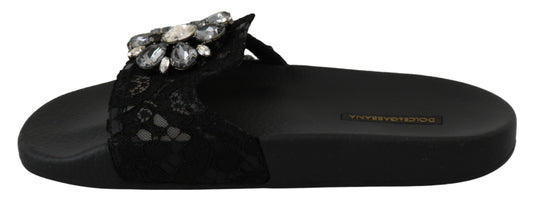 Black Lace Crystal Sandals Slides Beach Shoes