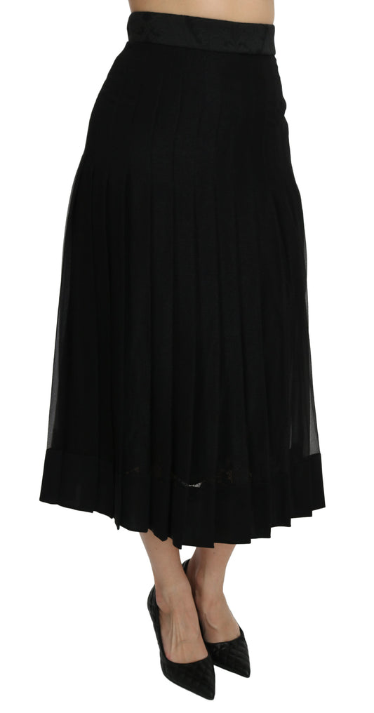 Black Silk Blend Pleated High Waist Midi Skirt