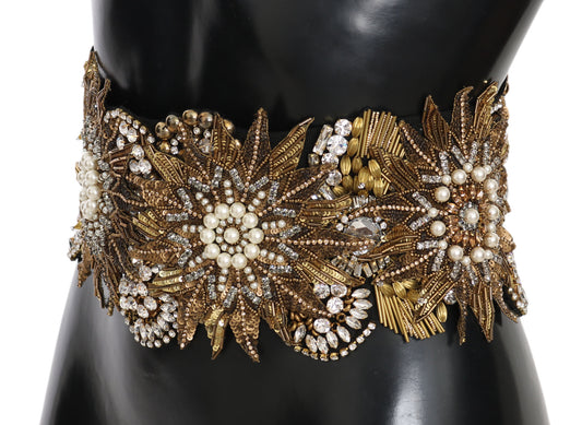 Floral Crystal Gold Pearl Wide Waist Belt
