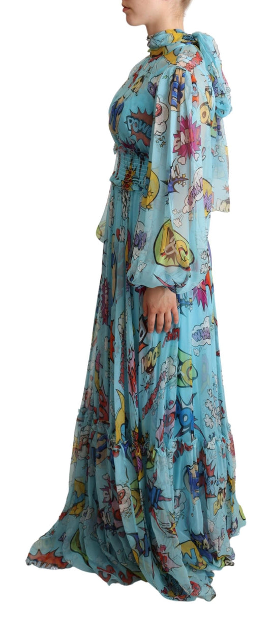 Blue Cartoon Print Pleated Silk Maxi Dress