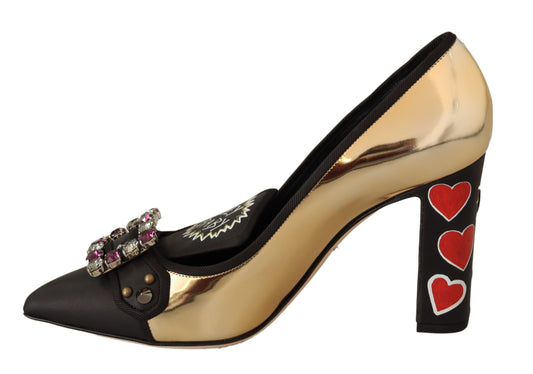 Gold Black Leather Crystal Heart Pumps