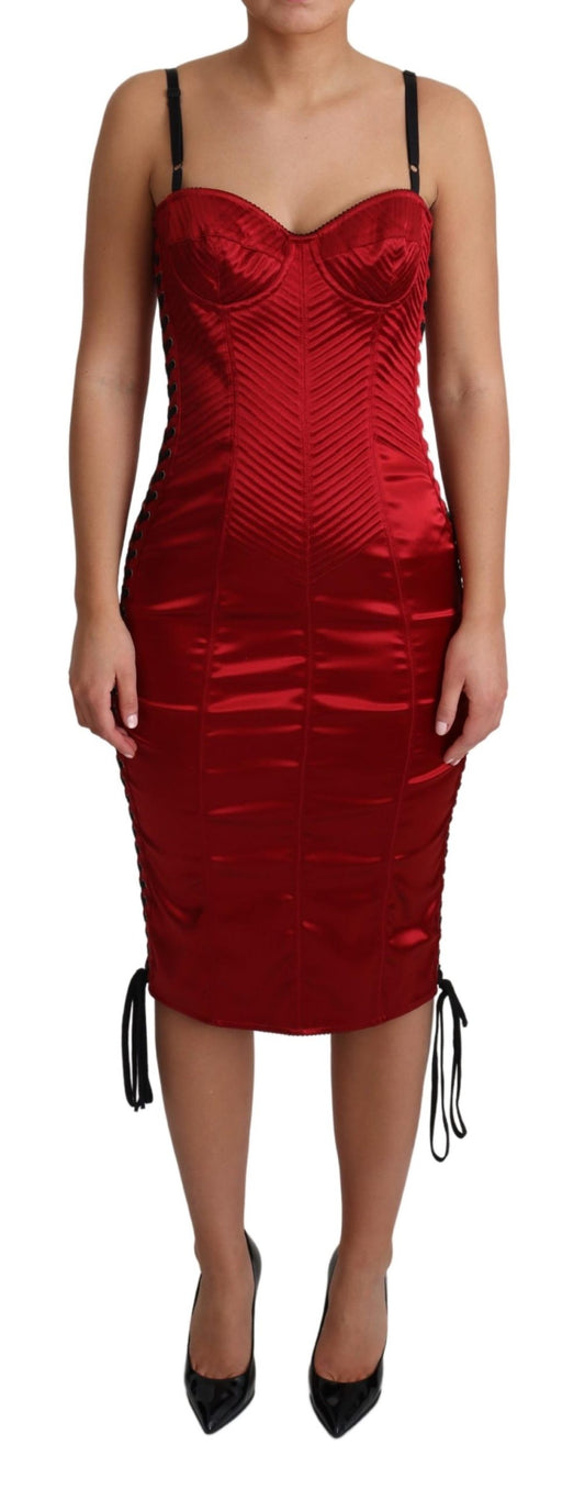 Red Satin Midi Corset Fitted Bustier Dress
