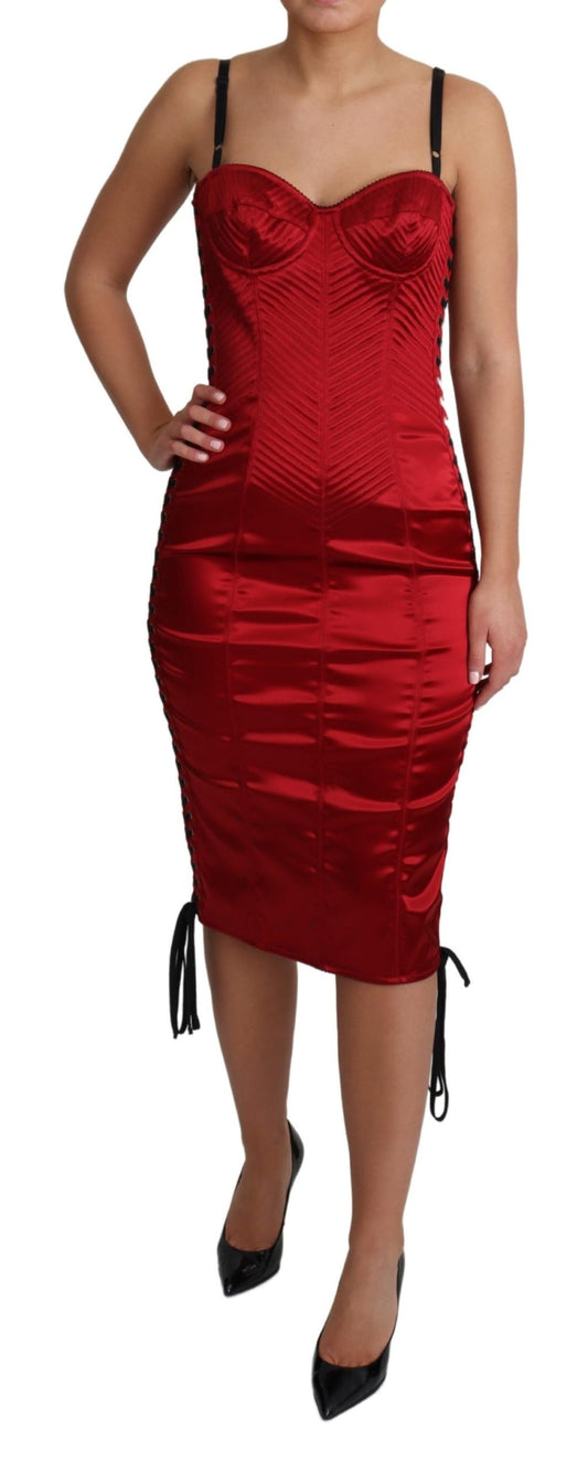 Red Satin Midi Corset Fitted Bustier Dress