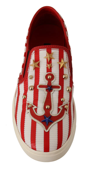 Red White Anchor Studded Loafers Shoes