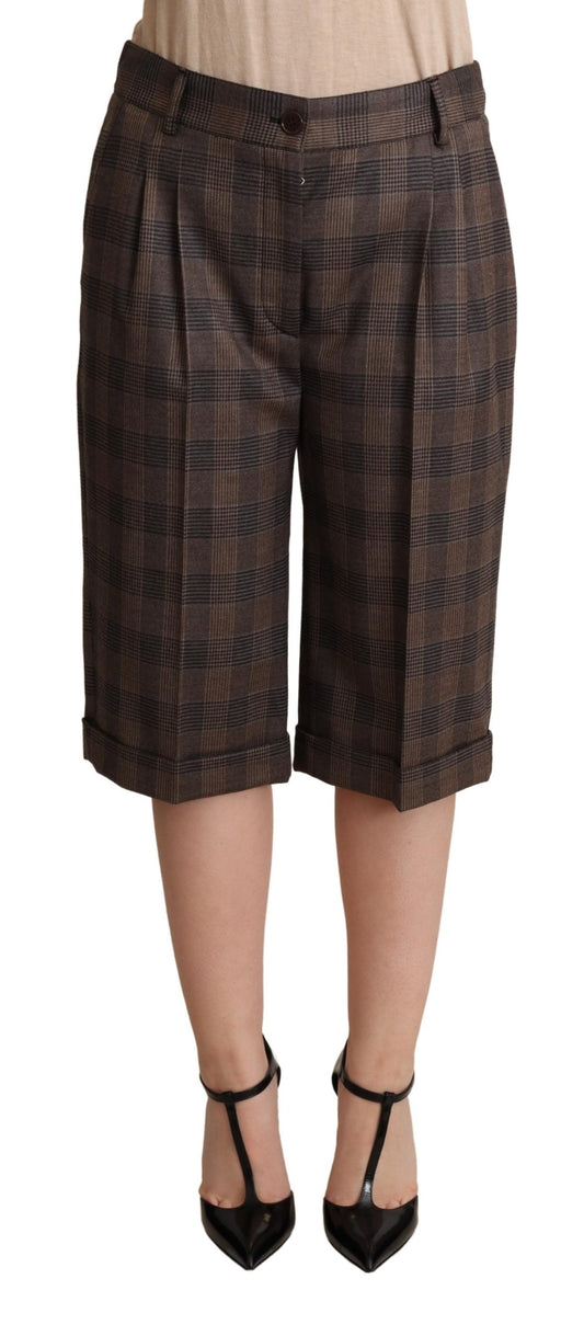 Brown Checkered Wool Bermuda Mid Waist Shorts