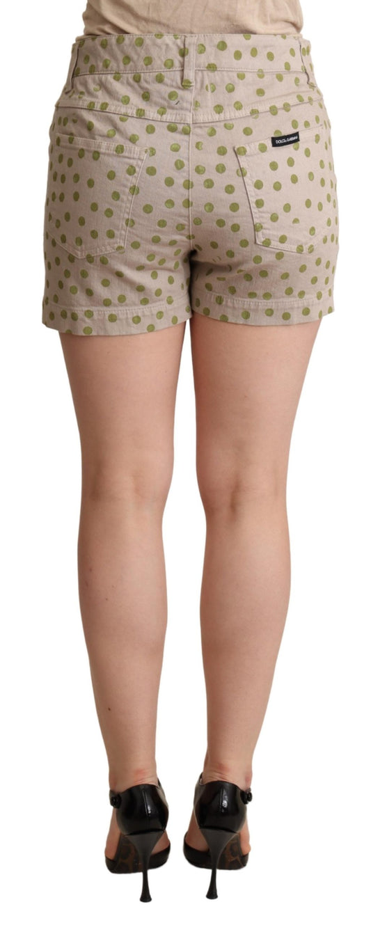 Beige Polka Dots Denim Cotton Stretch Shorts
