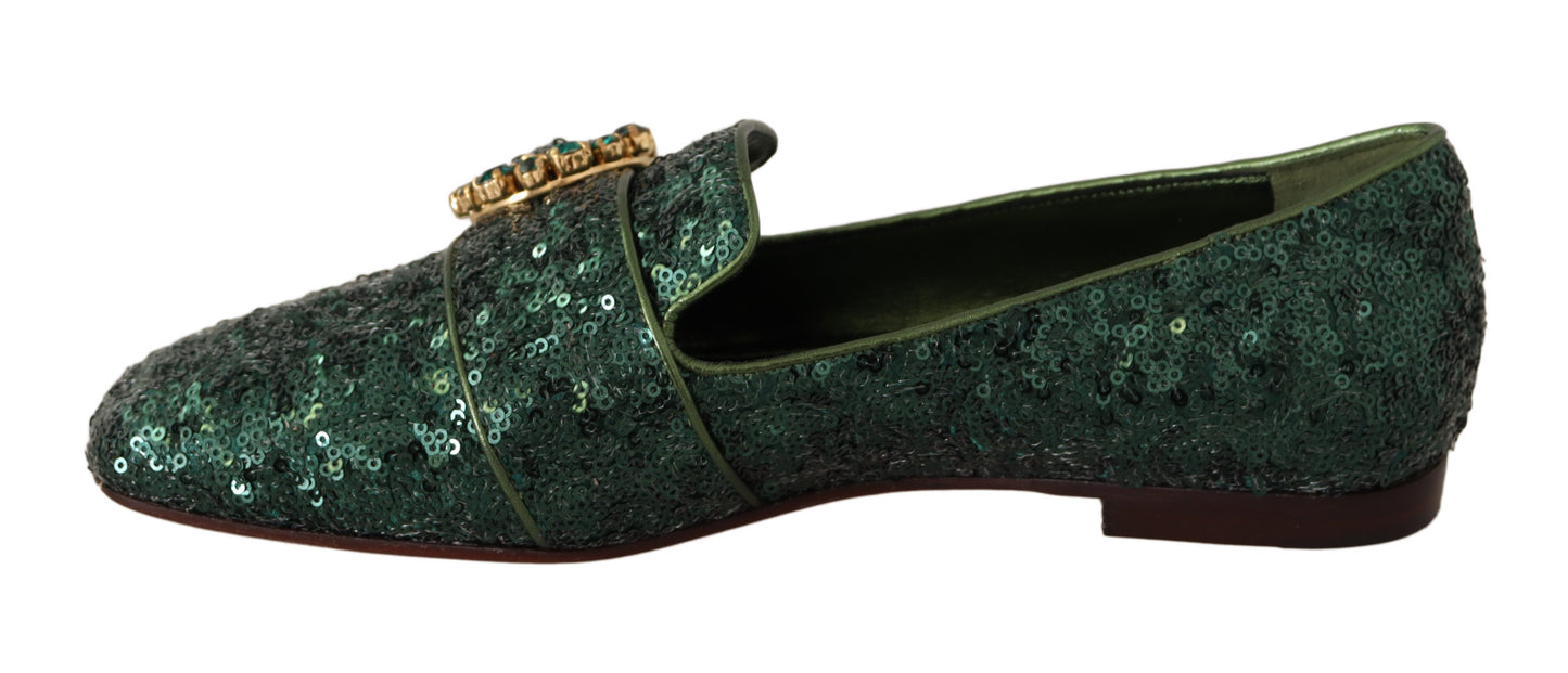 Green Sequined Crystal Flat Loafers Shoes