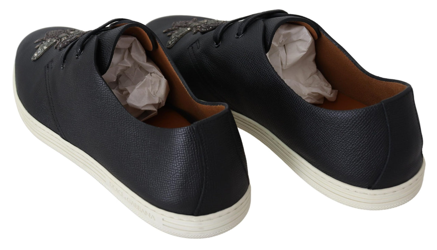 Black Leather Bee Crown Loafers Sneakers Shoes