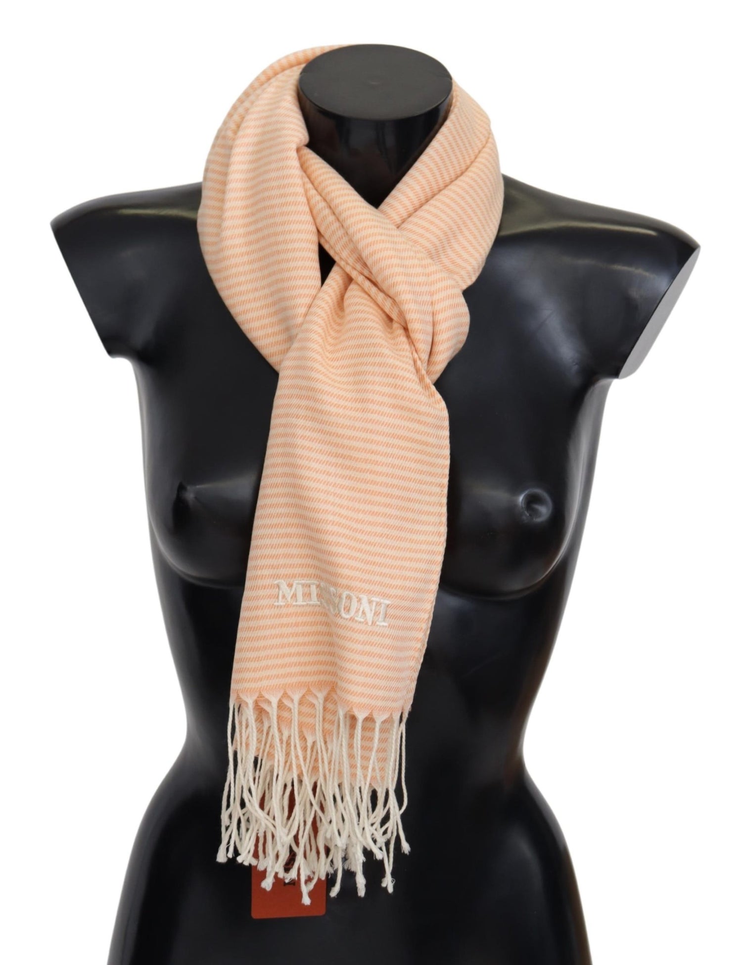 Peach Lined Wool Knit Neck Wrap Fringe Scarf