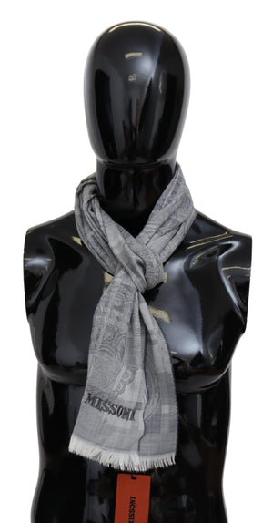 Gray Floral Wool Unisex Neck Wrap Fringes Scarf
