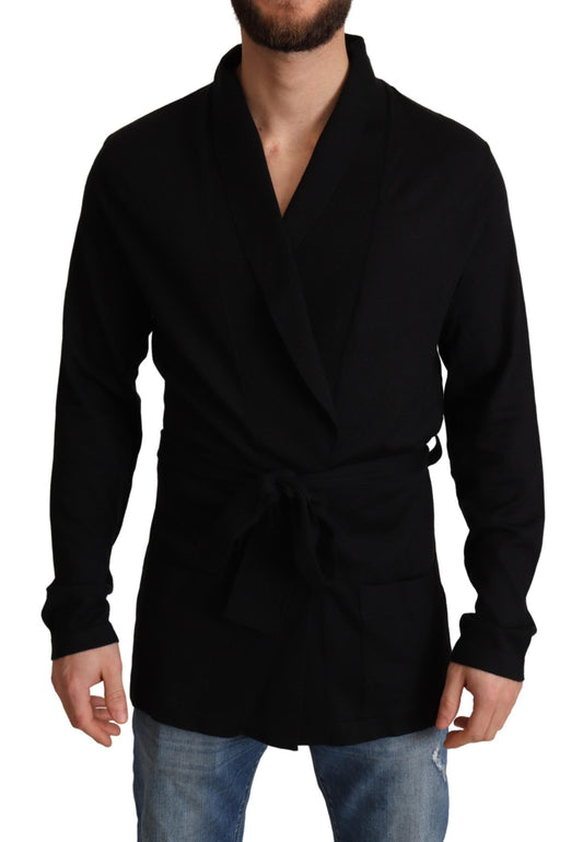 Black Cashmere Belted Knit Cardigan Sweater