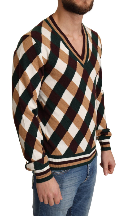 Multicolor V-Neck Knit Check Pullover Sweater