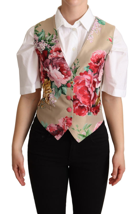 Beige Jacquard Floral Print Waistcoat Vest