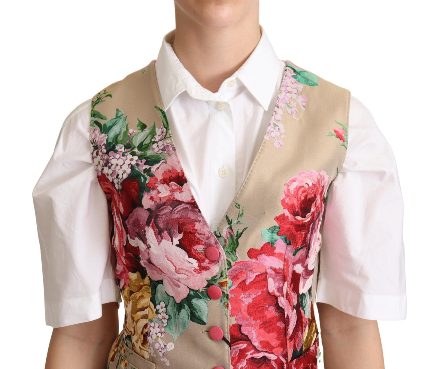 Beige Jacquard Floral Print Waistcoat Vest