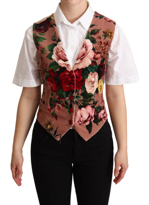 Pink Floral Print Velvet Waistcoat Vest