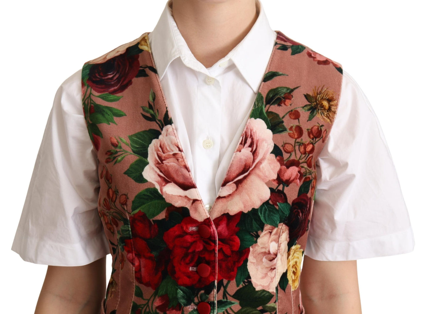 Pink Floral Print Velvet Waistcoat Vest