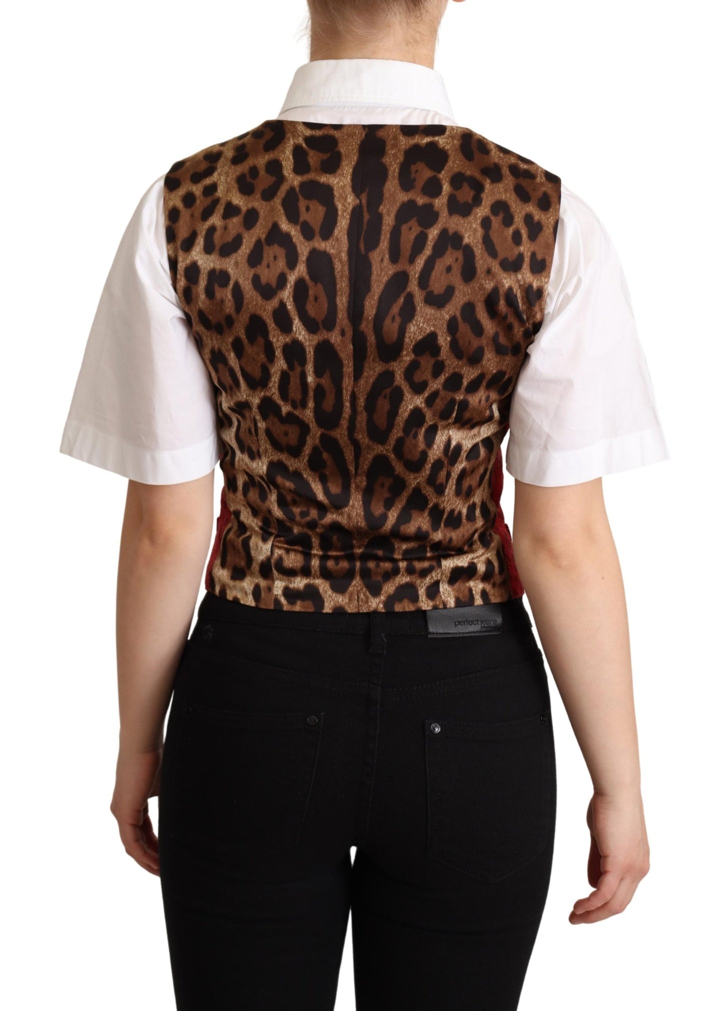Red Brocade Leopard Print Waistcoat Vest