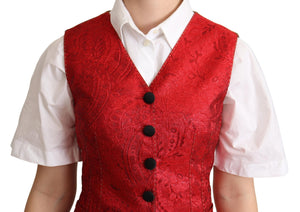 Red Brocade Leopard Print Waistcoat Vest